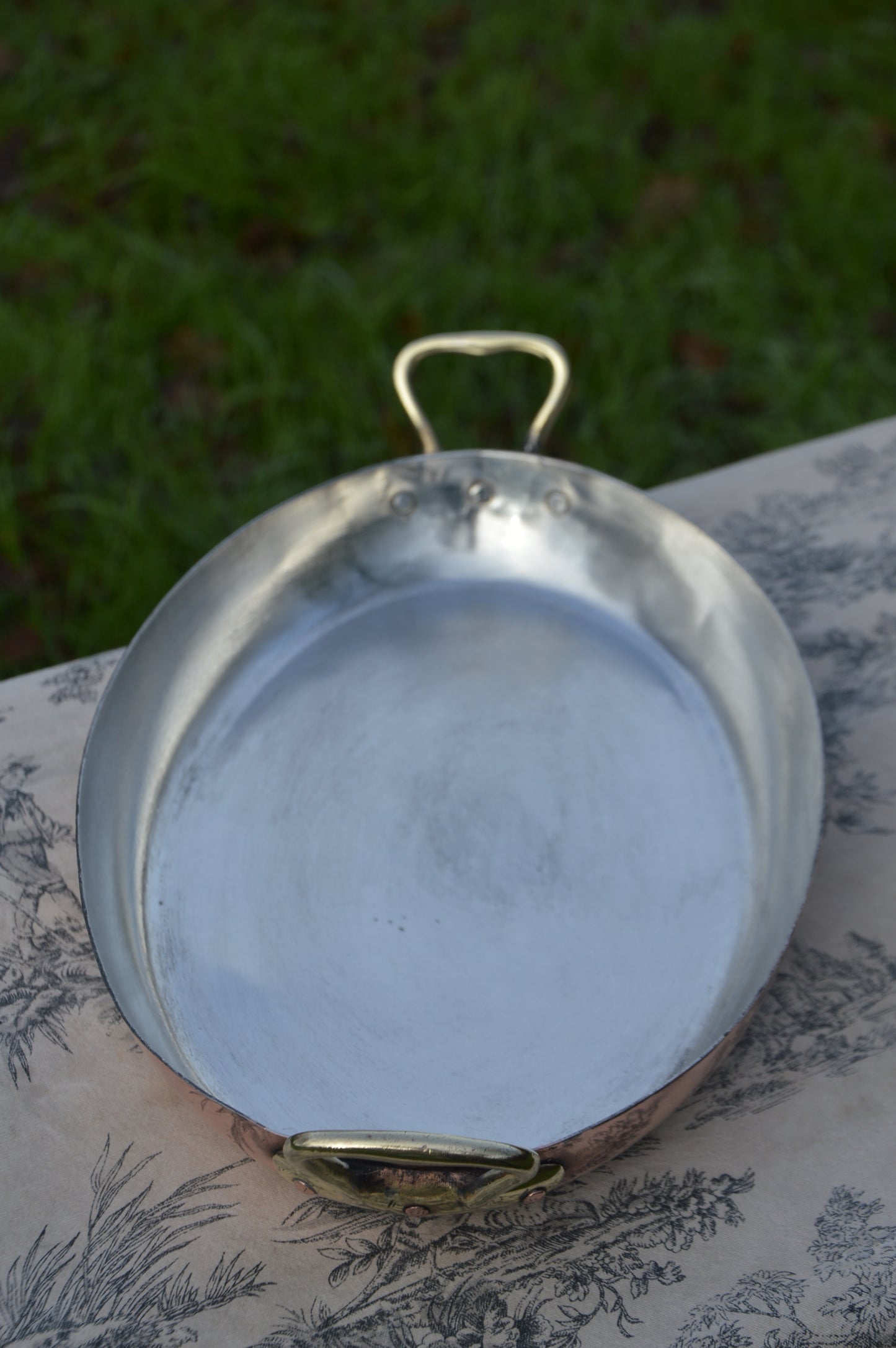 Antique Copper Gratin Pan Long French New Artisan Tin Roasting Dish Oval Oven 35cm 13 3/4" Bronze Handles Made in France Well Used