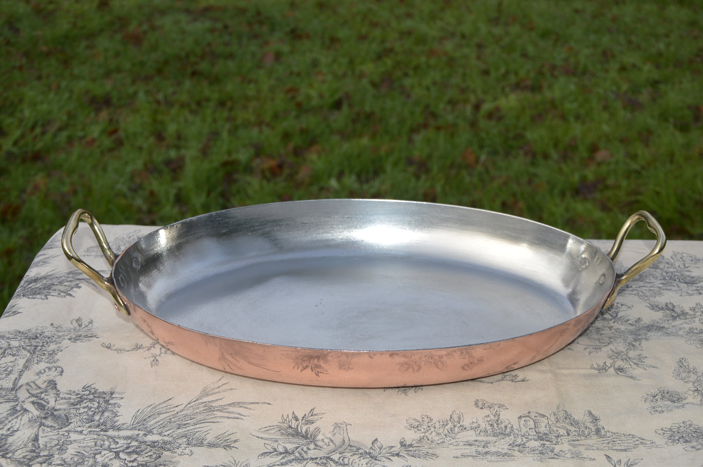 Antique Copper Gratin Pan Long French New Artisan Tin Roasting Dish Oval Oven 35cm 13 3/4" Bronze Handles Made in France Well Used