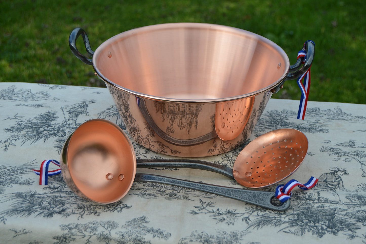 New NKC 28cm Copper Jam Pan Set Ecumoire and Louche NKC Normandy Kitchen Copper Jam Jelly 28cm 11" Rolled Top Iron Handles Skimmer Ladle