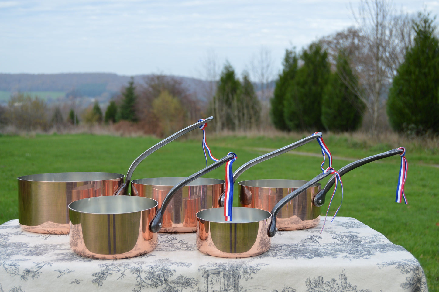 New NKC Copper Pans New Set Graduated 12cm-20cm Tin Lined Copper Saucepans Iron Handles Steel Rivets NKC New Copper Set of Perfect 1mm Pans