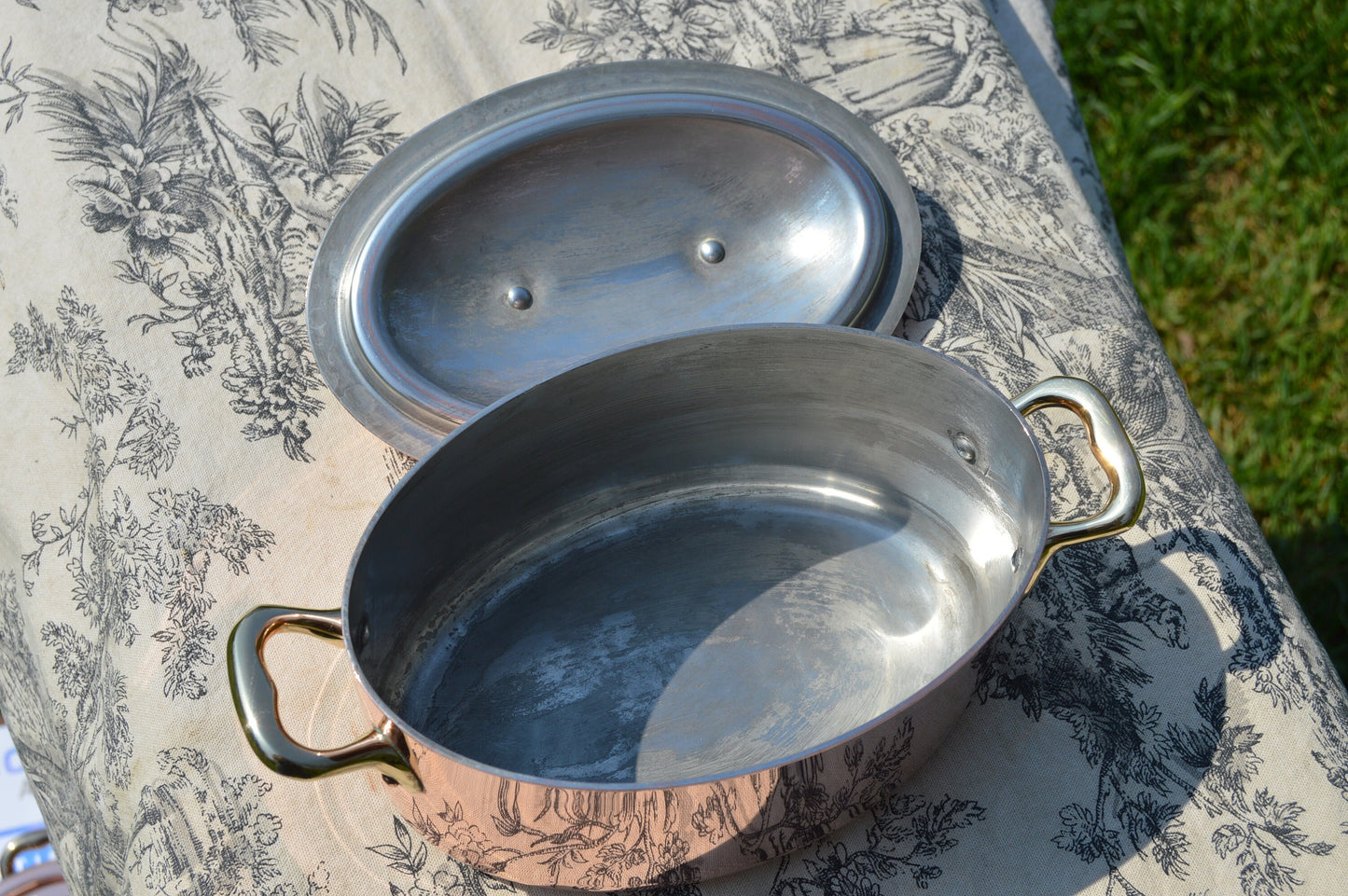 Vintage French Copper Pan Pot Oval Dutch Oven Casserole Lid Stamped Made in France 1.6mm Faitout Pot 16cm 6 1/4"  Copper Kitchen Good Tin