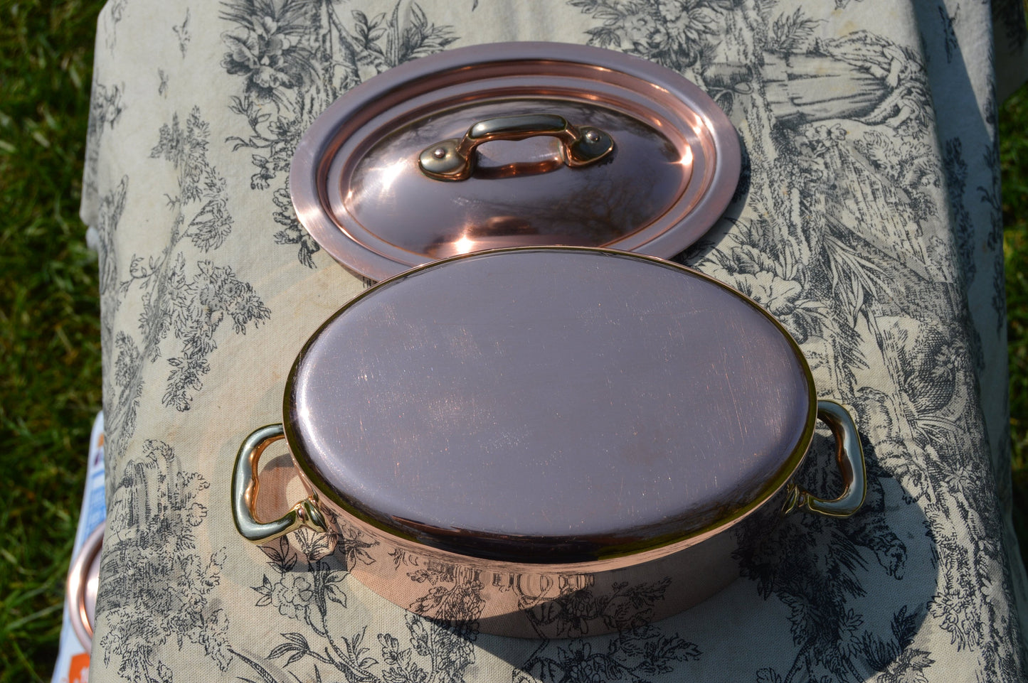 Vintage French Copper Pan Pot Oval Dutch Oven Casserole Lid Stamped Made in France 1.6mm Faitout Pot 16cm 6 1/4"  Copper Kitchen Good Tin