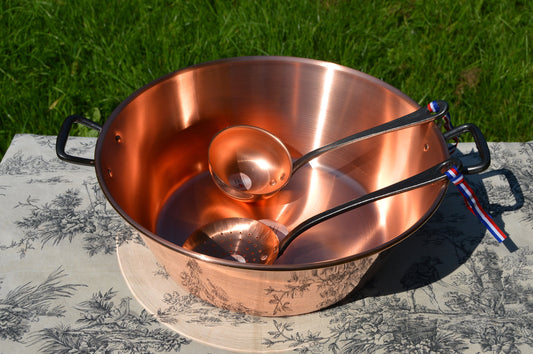 New NKC 38cm Copper Jam Pan Ladle + Skimmer from Normandy Kitchen Copper Jam Jelly Pot 15 Inch Rolled Top Iron Handles Louche Ecumoire 38 cm