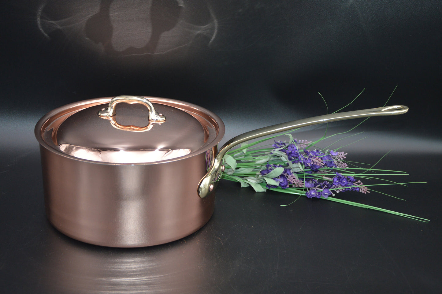 Lecellier Copper Pot with Later Mauviel Lid New Villedieu Tin 1.5mm 24cm 9 1/2" Big Pan Fully Marked Bronze Handles Copper Rivets Marriage