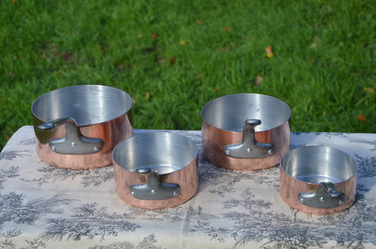 Copper Pans Four Vintage Aluminium Lined Exceptional French 1.7-1.9mm Copper Pans 4.1 Kilos 9lbs 3.6ozs Quality Copper Aluminum Linings