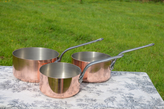 Three Copper Pans 2-2.1mm French Vintage Nickel Lined 16cm, 18cm and 20cm Professional Durable Ex Restaurant Pans Great Condition