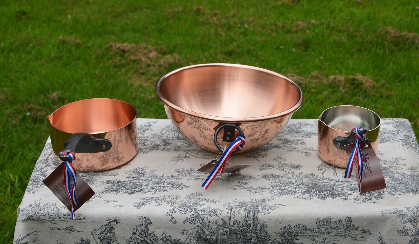 NKC Baking Set Set Three Confectioners New NKC 28cm Solid Copper Bowl, Copper Sugar Pan, Patissier Pan, Iron Handles Normandy Kitchen Copper