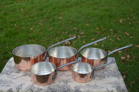 PIERRE VERGNES Copper Pans 5 2-2.1mm Vintage French New Hand Wiped Set Five Graduated French Vintage 6.8kilos Hammered 12cm-20cm Gorgeous!