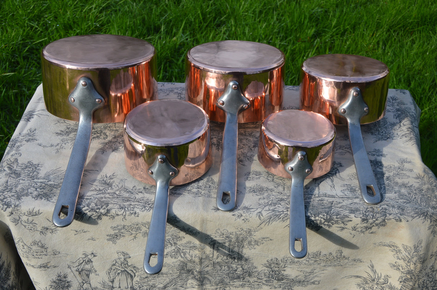 A La Menagere Set Five Copper Saucepans New Tin Antique French Professional Hand Raised Pots 1.2-1.6mm Forged Iron Handle  by NKC