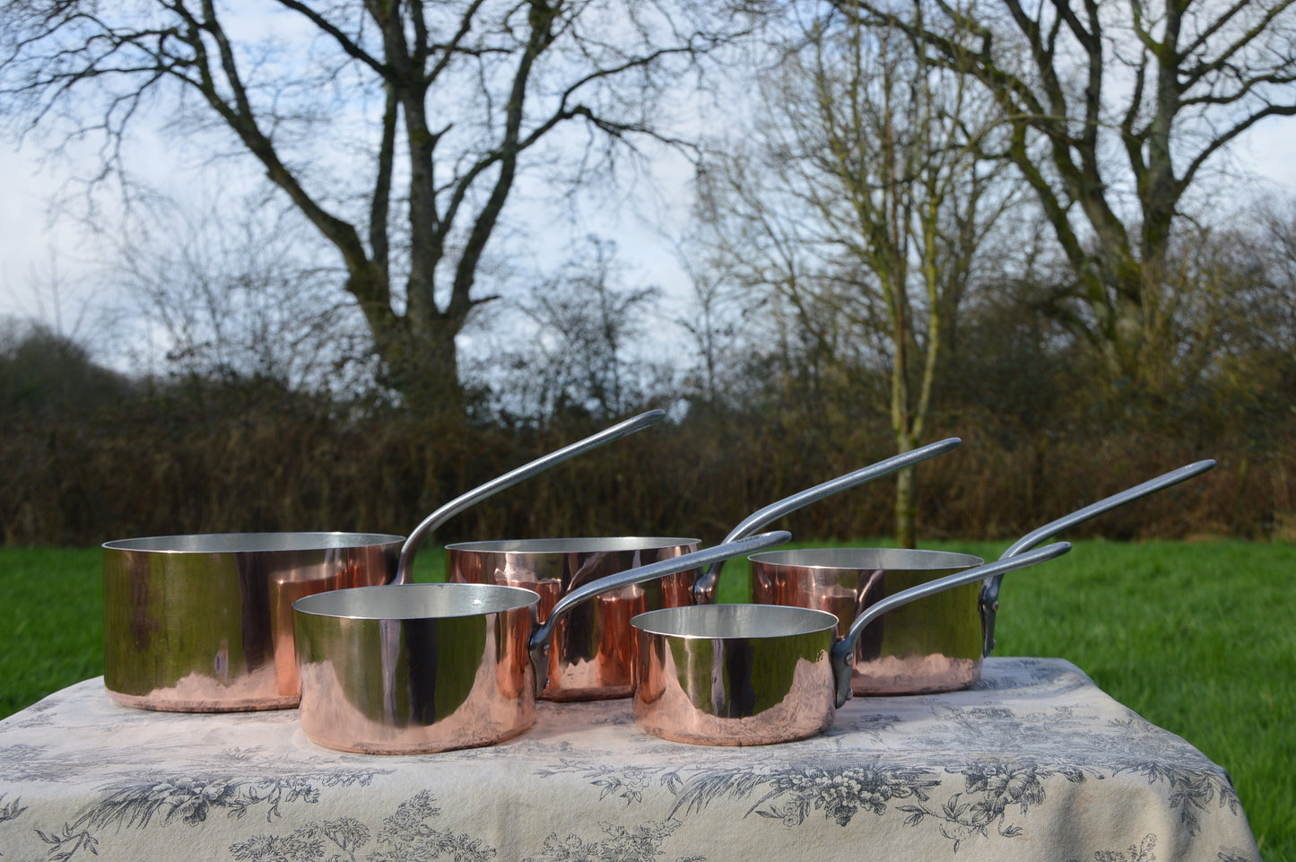 A La Menagere Set Five Copper Saucepans New Tin Antique French Professional Hand Raised Pots 1.2-1.6mm Forged Iron Handle  by NKC