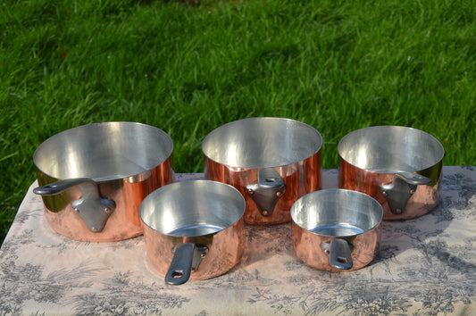 A La Menagere Set Five Copper Saucepans New Tin Antique French Professional Hand Raised Pots 1.2-1.6mm Forged Iron Handle  by NKC