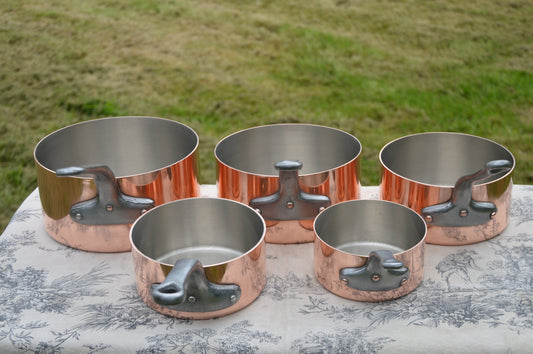 Copper Pans Vintage French 1.2-2.1mm Five Graduated Exceptional Commercial Quality Steel Rivets Nickel Lined Extremely Robust Collected Set