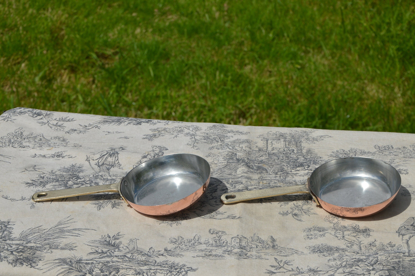 Mini Decorative Vintage French Copper Small Saute Fry Pans Made in Villedieu Vintage French Copper Bronze Handle Two Individual Egg Pans