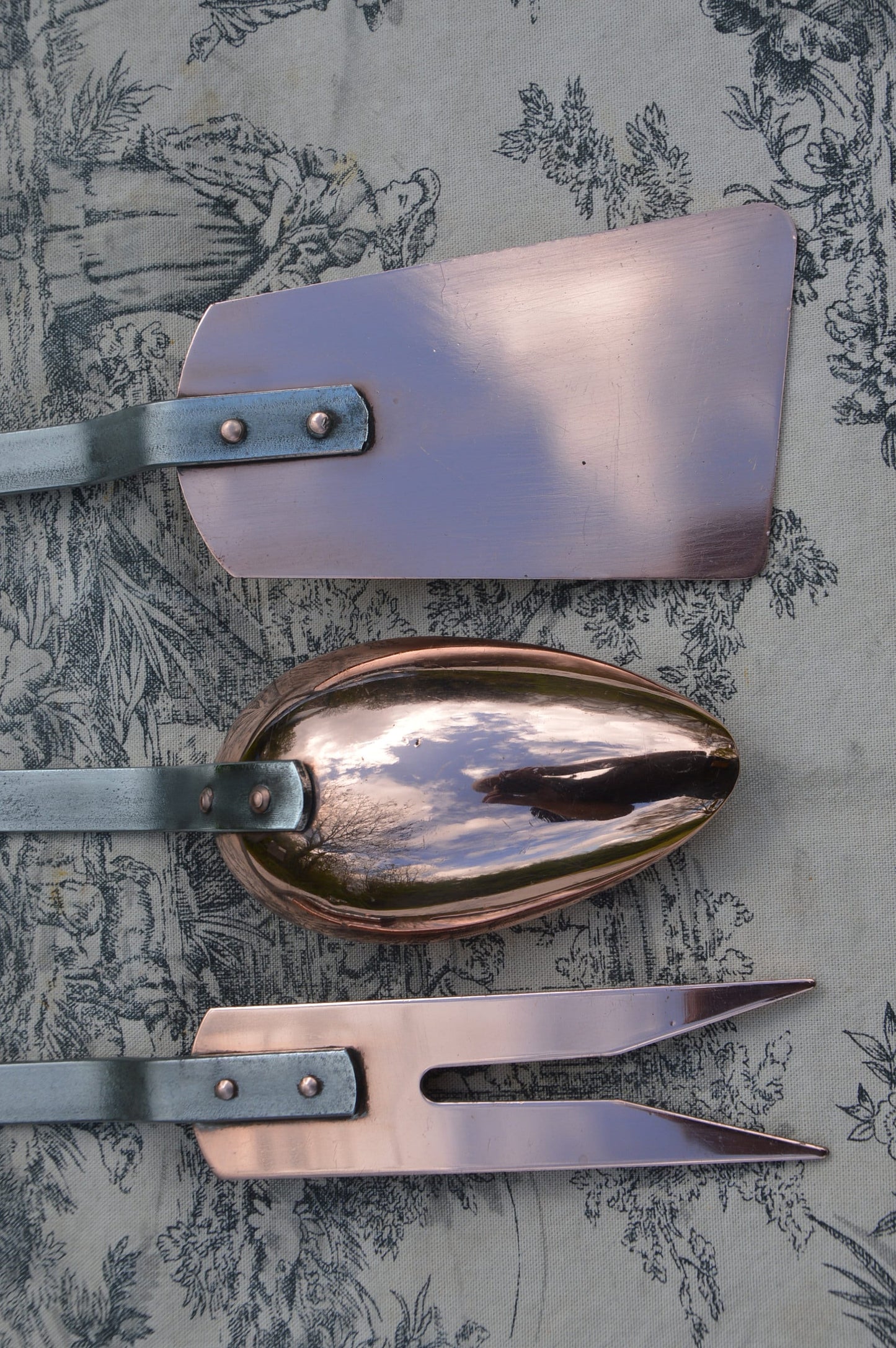 Utensils Quality Vintage French Copper Wrought Iron Set of Utensils Kitchen Three Magnificent Set Cooking Copper Rivets