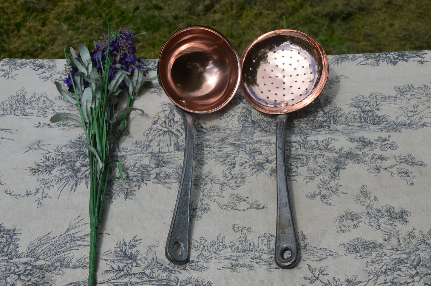 Vintage Two Pair Utensils with Cast Iron Handles Ladle and Ecumoire French Vintage Heavy Quality Thick Solid Copper Pot Utensils