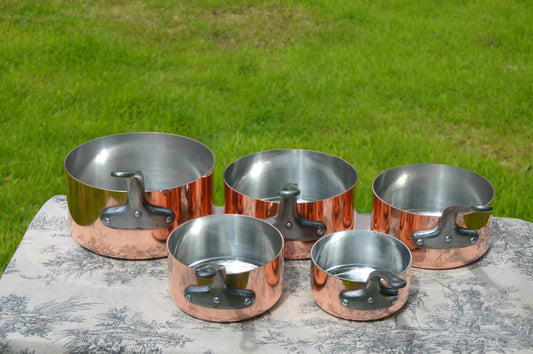 Vintage Copper Pans 1.7-1.9mm Set Five Graduated French Copper Pans Quality Cast Iron Handles 12cm-20cm Excellent Factory Condition