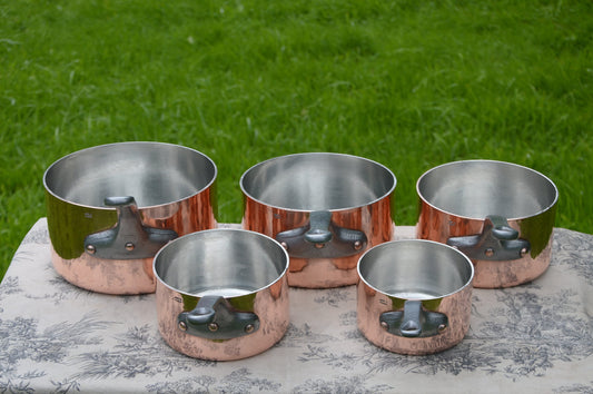 Copper Pans New Artisan Hand Wiped Tin Five 2.4-2.8mm Vintage French Set Graduated Made in France Stamped Villedieu Manufacture