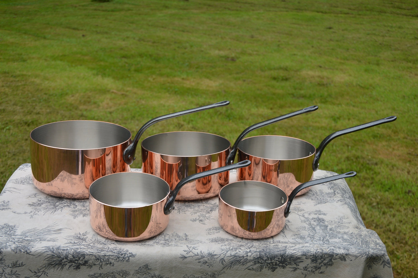 Copper Pans Vintage French 2mm Five Graduated Commercial Quality Steel Rivet Nickel Lined Robust Professional Pans Found in the Wrappers