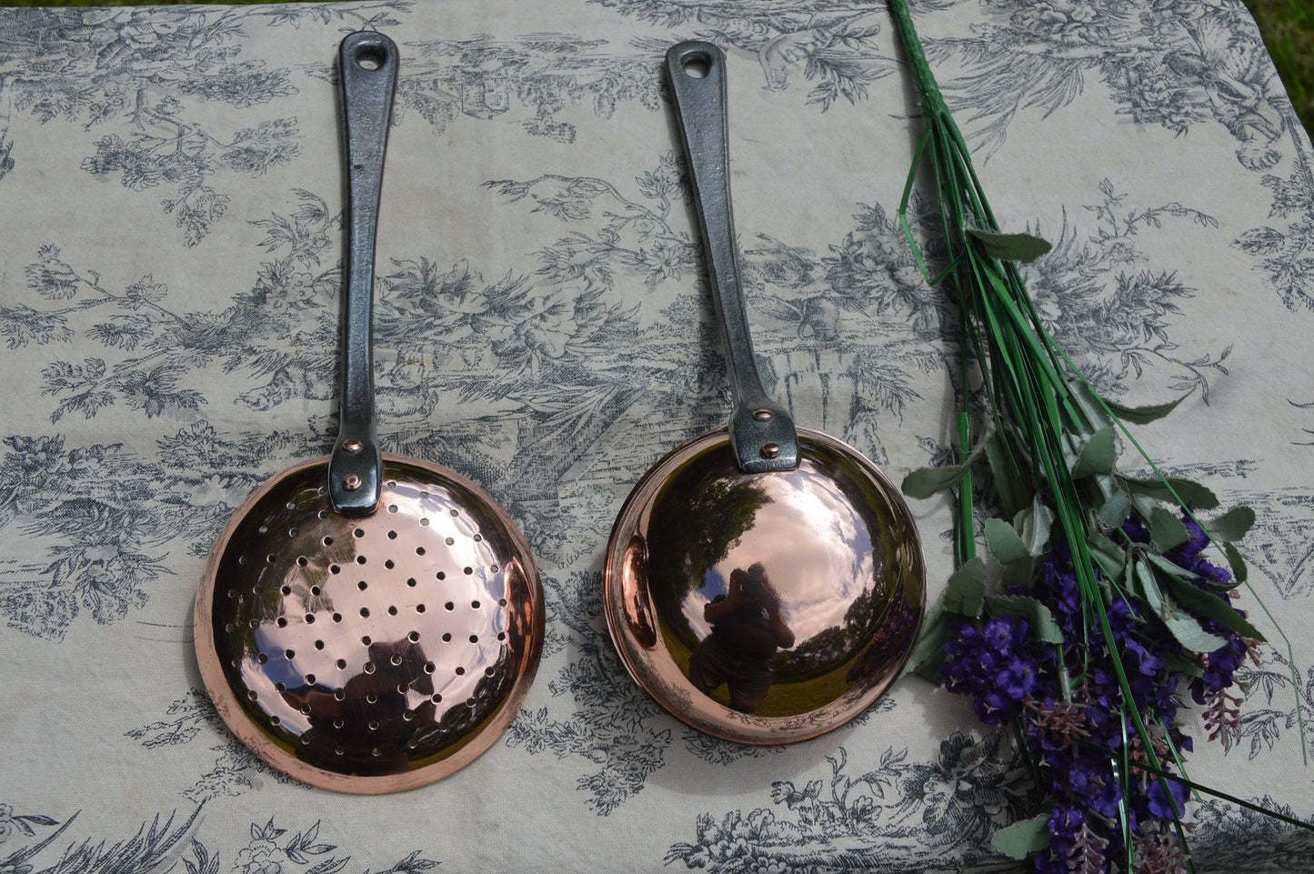 Vintage Two Pair Utensils with Cast Iron Handles Ladle and Ecumoire French Vintage Heavy Quality Thick Solid Copper Pot Utensils