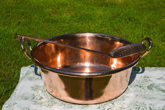 Jam Pan Antique Copper Professional Jelly Pan and Ecumoire 40.5cm Rolled Top 5.01 kilos 11 lbs Cast Bronze Handles Normandy Kitchen