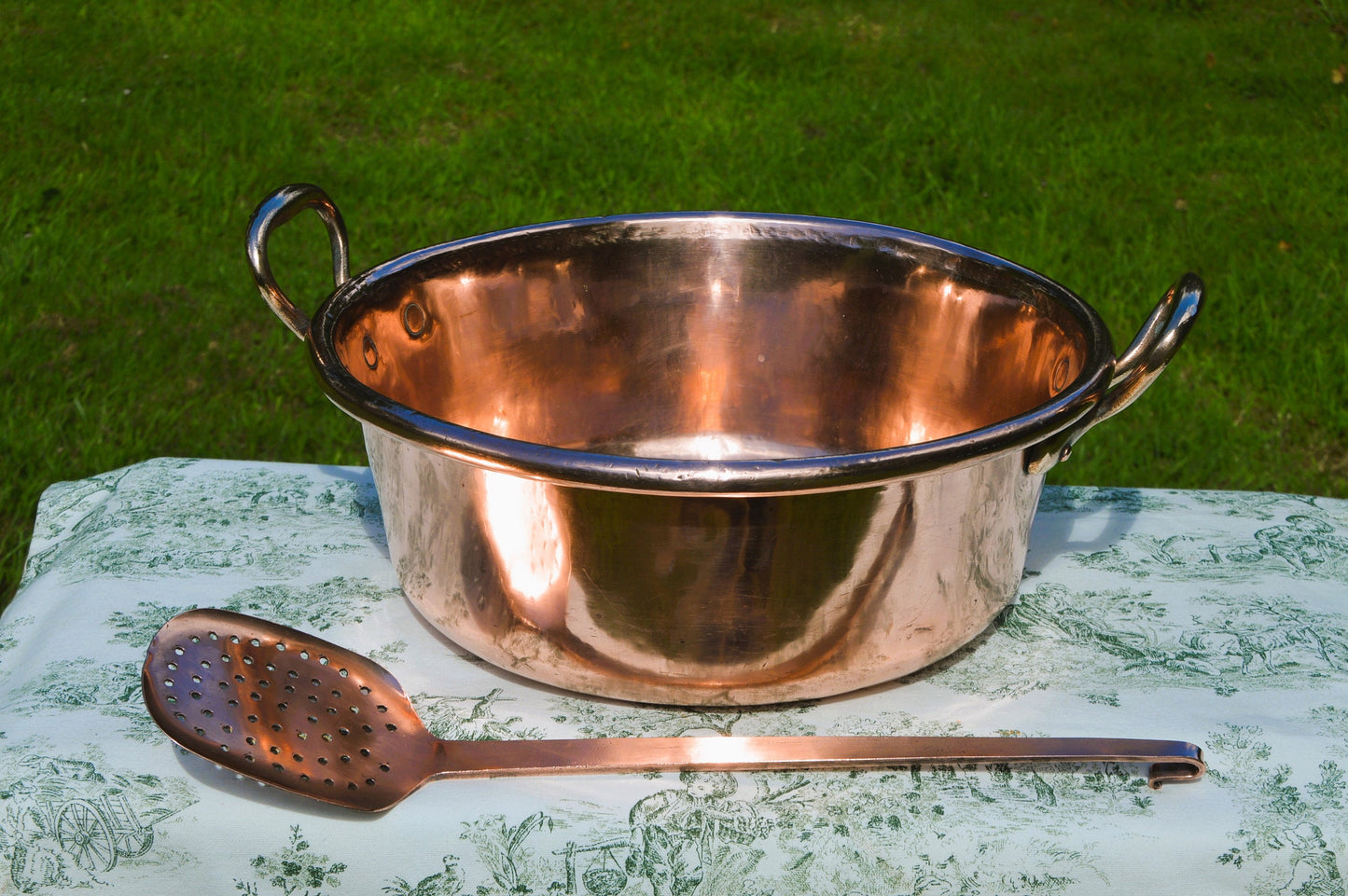 Jam Pan Antique Copper Professional Jelly Pan and Ecumoire 40.5cm Rolled Top 5.01 kilos 11 lbs Cast Bronze Handles Normandy Kitchen