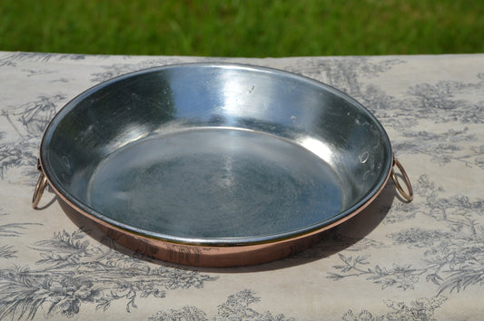 Copper Gratin Pan French Vintage Copper New Hand Wiped Tin Roasting Dish Round Oven 24cm 9 1/2 Two Ring Handles Good Iron Ring Edge