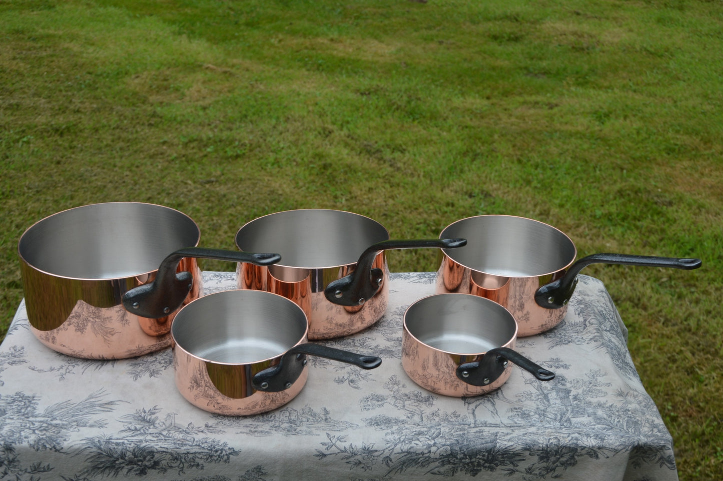 Copper Pans Vintage French 2mm Five Graduated Commercial Quality Steel Rivet Nickel Lined Robust Professional Pans Found in the Wrappers