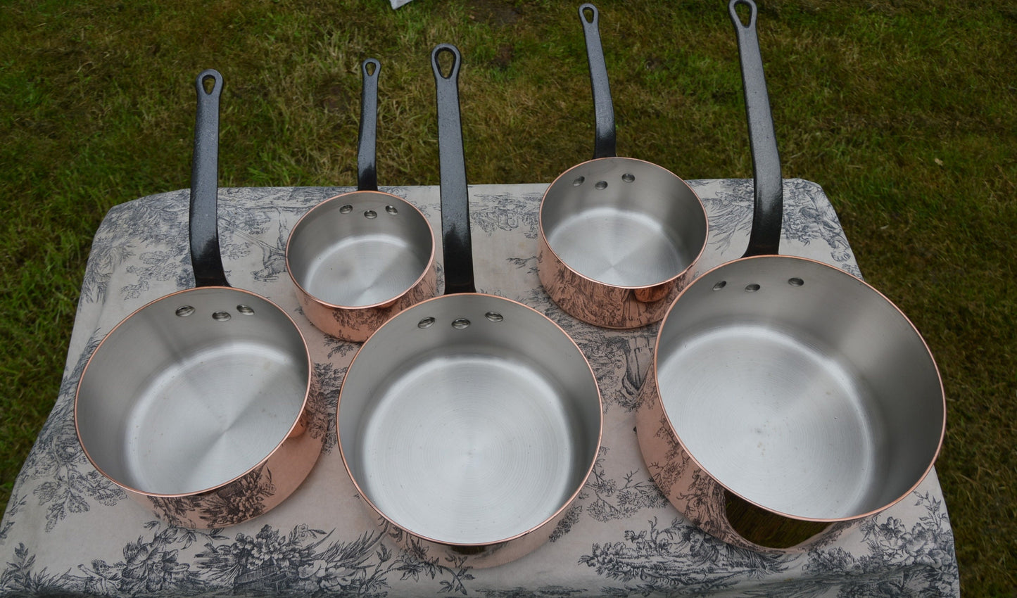 Copper Pans Vintage French 2mm Five Graduated Commercial Quality Steel Rivet Nickel Lined Robust Professional Pans Found in the Wrappers