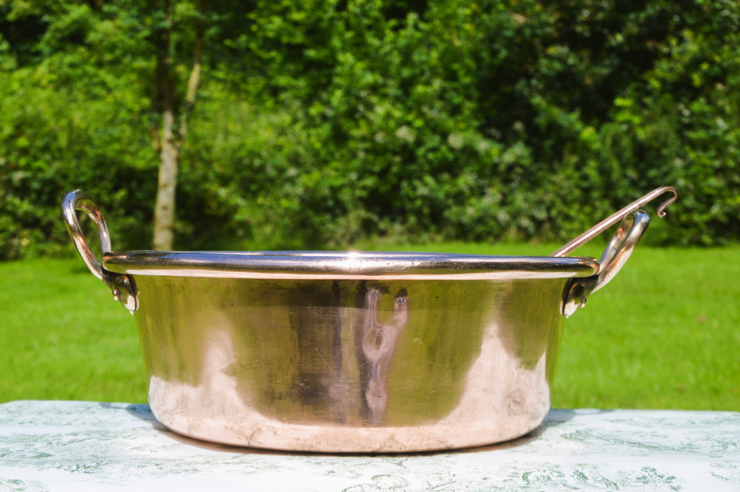 Jam Pan Antique Copper Professional Jelly Pan and Ecumoire 40.5cm Rolled Top 5.01 kilos 11 lbs Cast Bronze Handles Normandy Kitchen