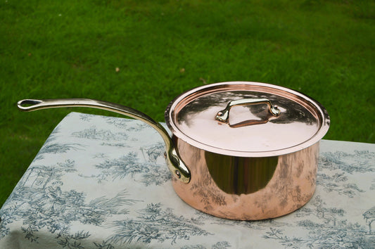 Antique Copper Saucepan New Tin and Lid Bronze Handles Pan France 1.3mm 26cm 3.06kilo 6lb 12oz MASSIVE  Stock Pot Hammered New Tin