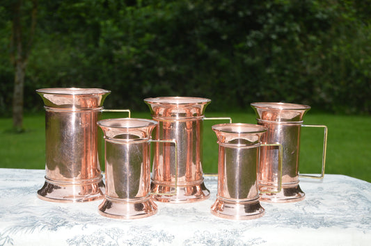 Copper Pitchers Vintage French Copper Set Five Graduated Copper Mugs Cups Tankards Copper Handles Good Decorative Set Refurbished Polished