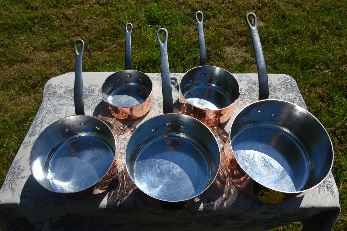 Copper Pans New Artisan Tin Vintage Five French Copper 1.7-2mm Pots Copper Rivets Iron Handles Normandy Kitchen Copper - Totally Renovated