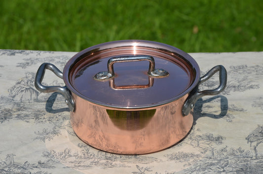 Vintage French Copper Casserole Pan Pot Round  Dutch Oven New Artisan Hand Wiped Tin Lid Made in France 2mm Faitout Pot 16cm 6 1/4 Robust