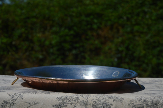 Antique Copper Gratin Oven Dish Pie Plate Tourtiere French Round New Artisan Hand Wiped Tin - Proper Antique Pan New Handles Old Rivets