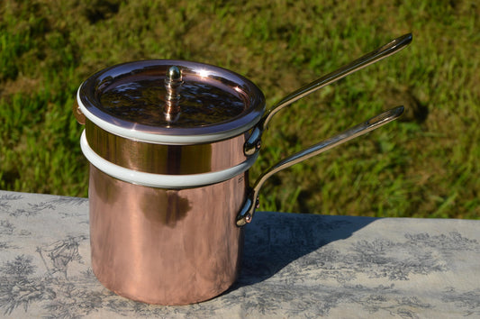 Copper Bain Marie Vintage French Copper New Hand Wiped Tin Double Boiler 1.5mm Hoop Ceramic Insert Pan Cast Brass Handles Made in France