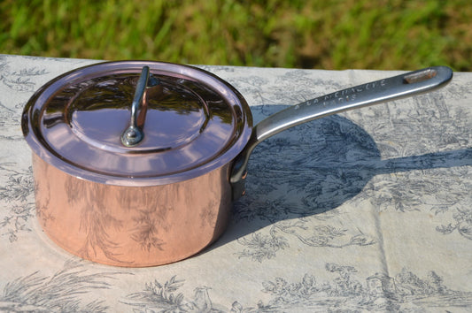 Copper Pot Pan A La Menagere Paris and Later Lid Quality Antique French 1.5mm Copper Signature Pan Cast Iron Handle Refurbished New Tin