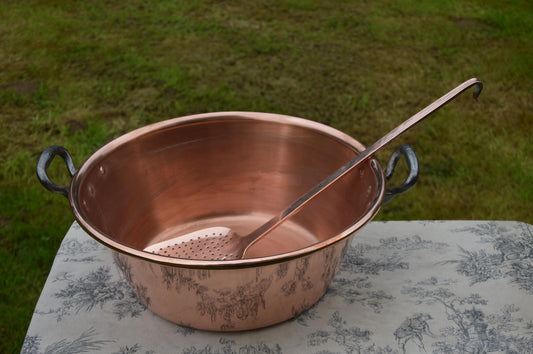 Fabrication Francaise Jam Pan Vintage Copper Professional Jelly Pan Ecumoire 41cm Rolled Top 4.29 kilos 9 lbs 7.5oz Copper Cast Iron Handles