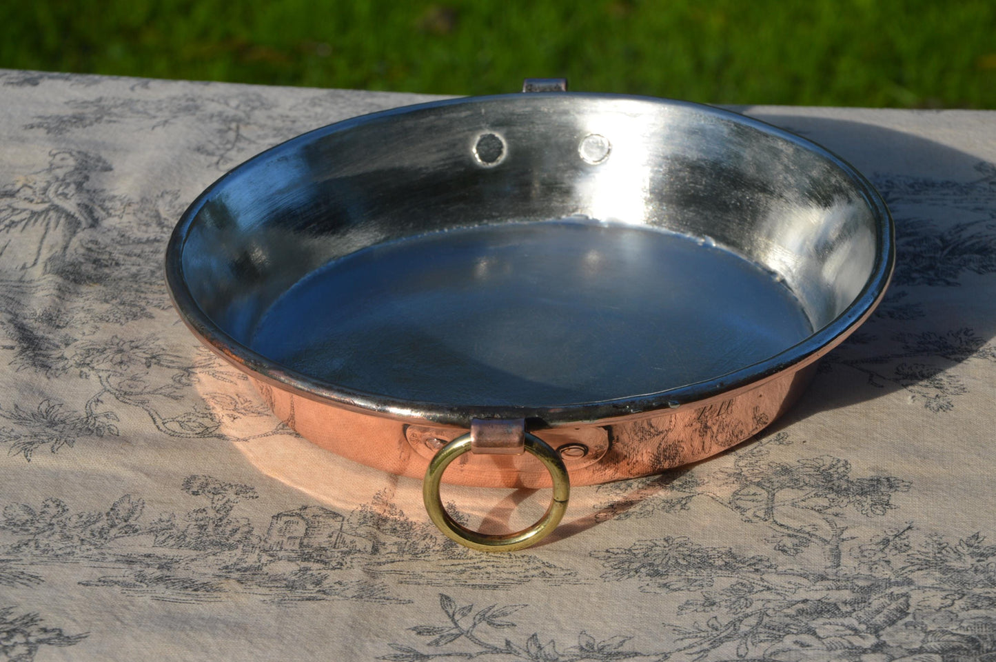 Copper Gratin Pan French Vintage Copper New Hand Wiped Tin Roasting Dish Round Oven 20cm 8" Two Ring Handles Good Iron Ring Edge