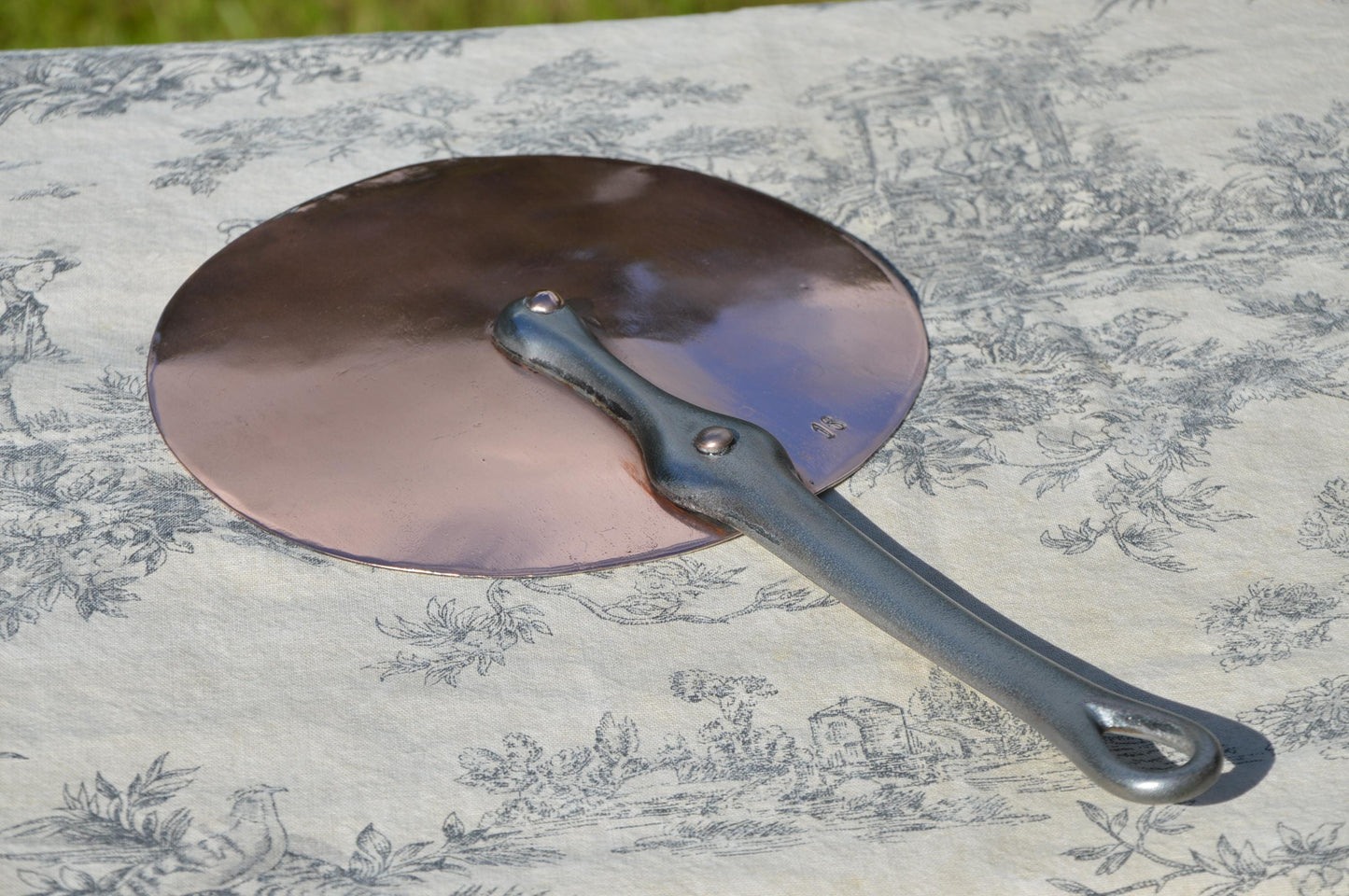 Antique French Copper Flat Splash Lid 17.2cm 6 3/4" 389 grams 13.8 ozs Lid Copper Rivets Iron Handle Two Copper Rivets New Hand Wiped Tin