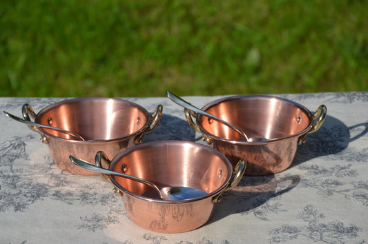 Small Jam Set Vintage Copper Jam Pans Little Jam Servers Marmalade Containers French Small Dents Three Pots Bronze Handles Minatures