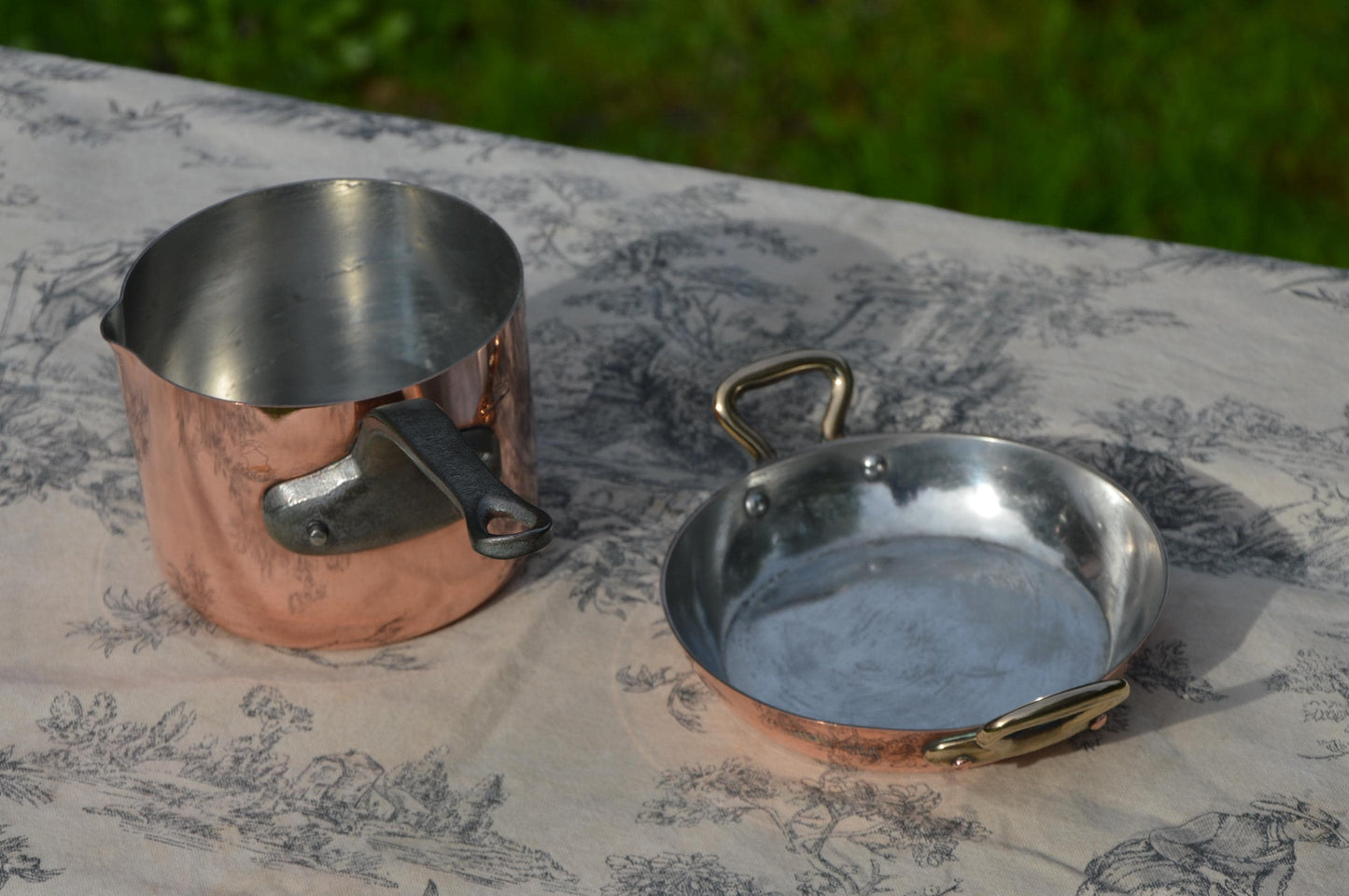 Copper Collected Two 12cm 4 3/4" Gratin Oven Dish and 10cm 4" Milk/Sauce Pot with Spout Bronze Handles New Hand Wiped Tin Good Set Utensils