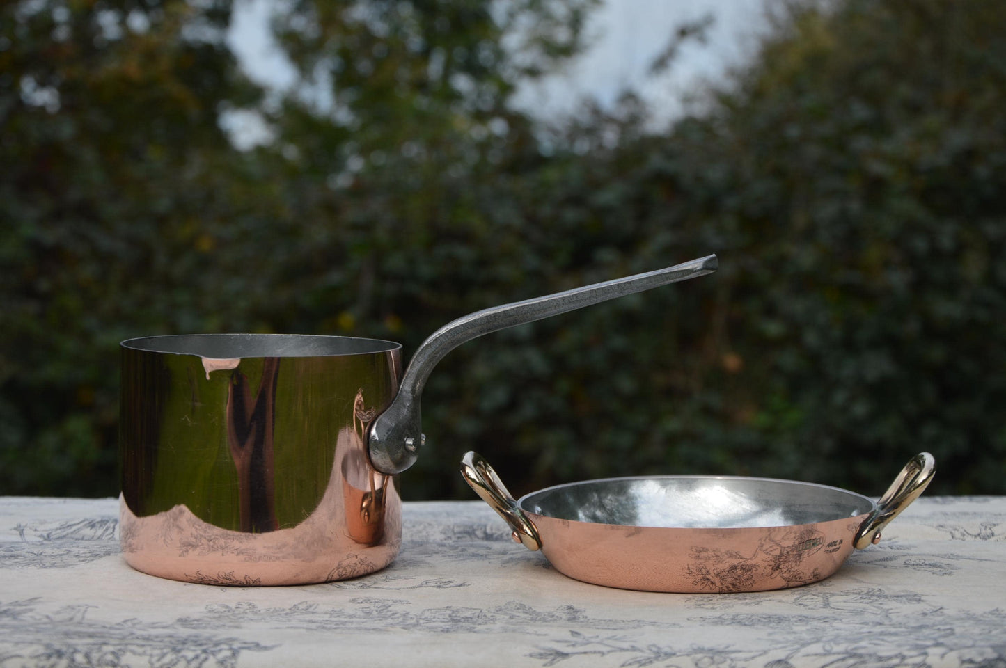 Copper Collected Two 12cm 4 3/4" Gratin Oven Dish and 10cm 4" Milk/Sauce Pot with Spout Bronze Handles New Hand Wiped Tin Good Set Utensils