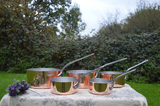 Copper Pans 1.7-1.9mm Five Vintage Aluminium Lined 12cm-20cm French Copper Pans 5.9 Kilos 13lbs 2.4 ozs Quality Copper with Aluminum Linings