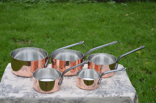 Havard of Villedieu Copper Pans New Hand Wiped Tin Lined Artisan Five 1-1.6mm Vintage French Professional France Made Graduated Pots Handle