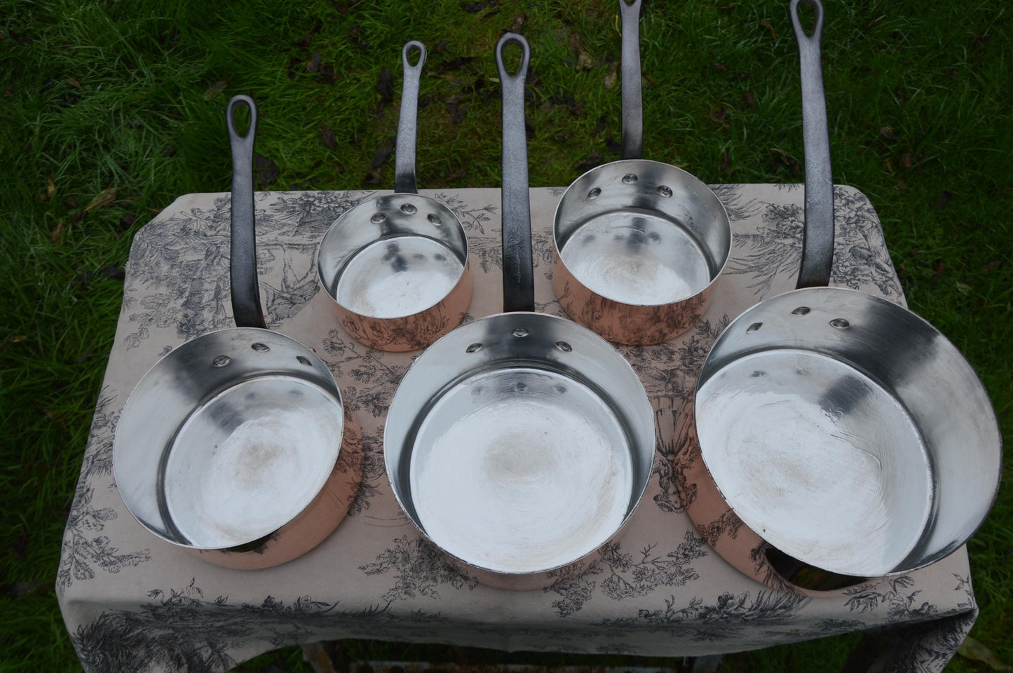 Havard of Villedieu Copper Pans New Hand Wiped Tin Lined Artisan Five 1-1.6mm Vintage French Professional France Made Graduated Pots Handle