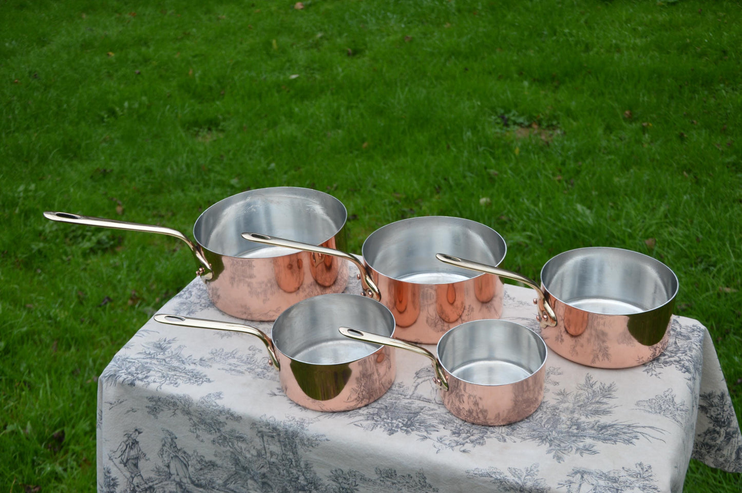 Antique Copper Pans Set Five French 1.1-1.2mm Graduated Bronze Handles 12-20cm Refurbished New Tin Perfect Balance Bespoke Set