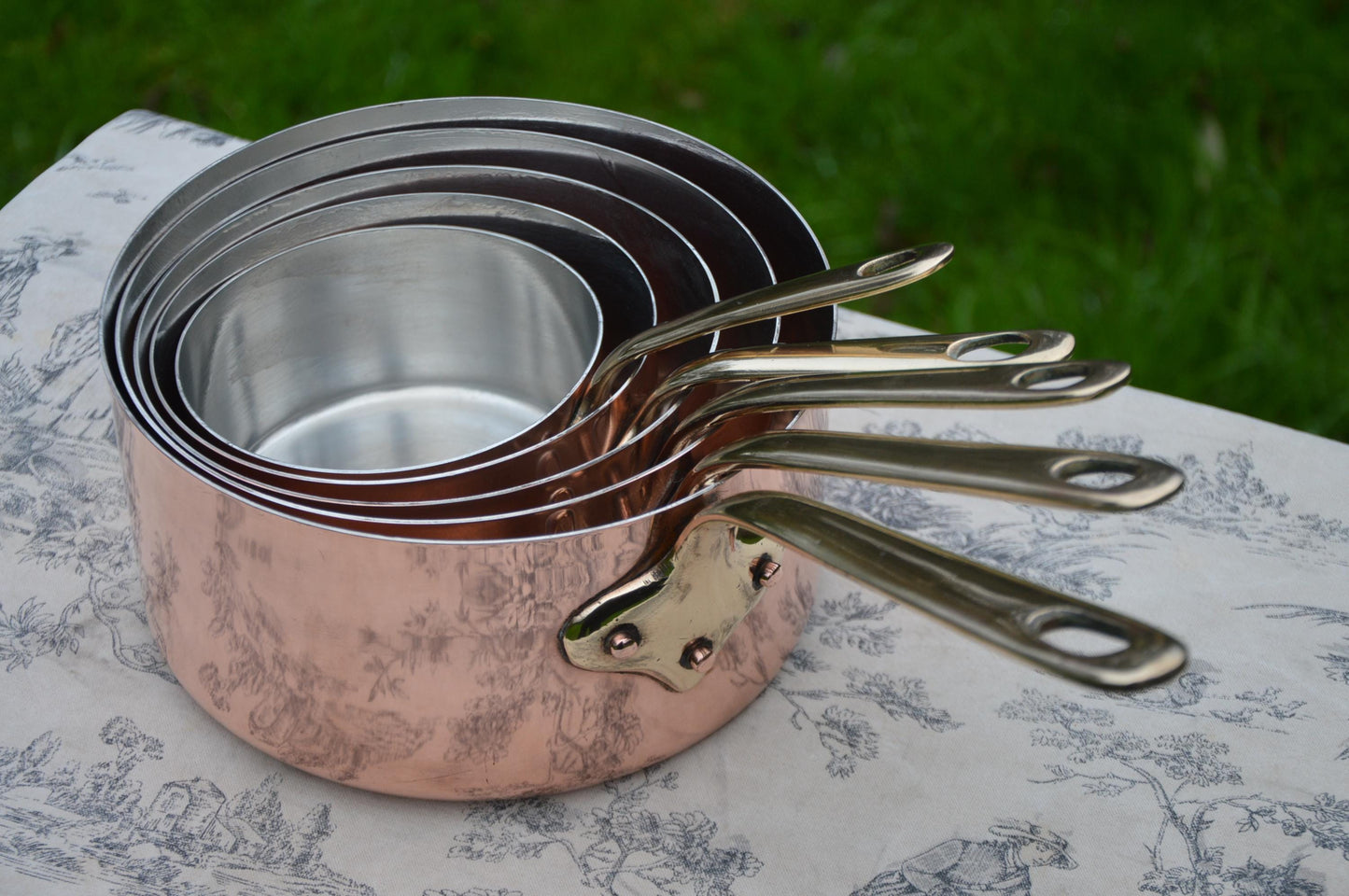 Antique Copper Pans Set Five French 1.1-1.2mm Graduated Bronze Handles 12-20cm Refurbished New Tin Perfect Balance Bespoke Set