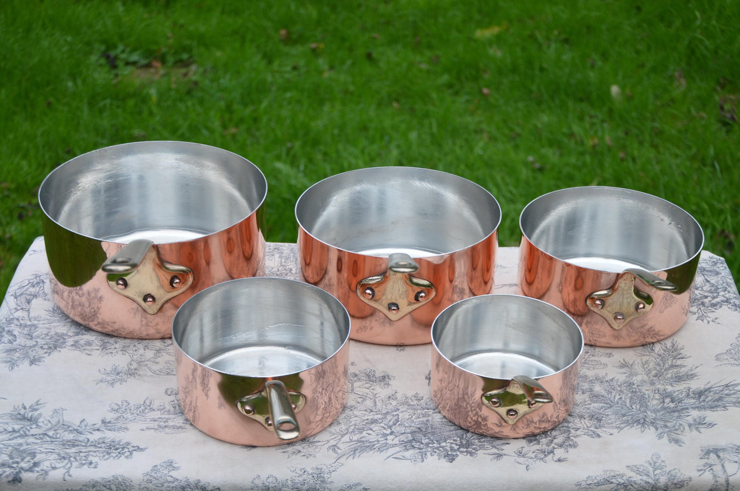 Antique Copper Pans Set Five French 1.1-1.2mm Graduated Bronze Handles 12-20cm Refurbished New Tin Perfect Balance Bespoke Set