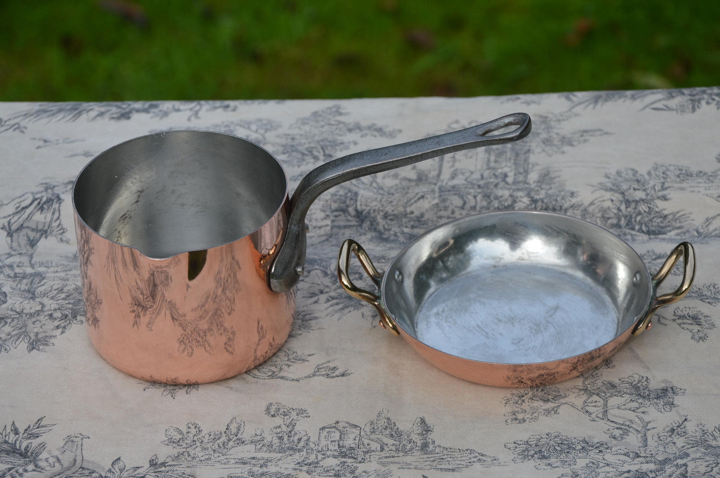 Copper Collected Two 12cm 4 3/4" Gratin Oven Dish and 10cm 4" Milk/Sauce Pot with Spout Bronze Handles New Hand Wiped Tin Good Set Utensils