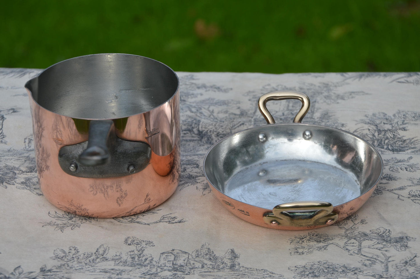 Copper Collected Two 12cm 4 3/4" Gratin Oven Dish and 10cm 4" Milk/Sauce Pot with Spout Bronze Handles New Hand Wiped Tin Good Set Utensils